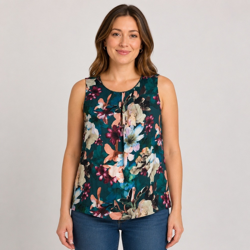 ELLE Floral Sleeveless‎ Blouse Size S Teal Green Botanical Print Top